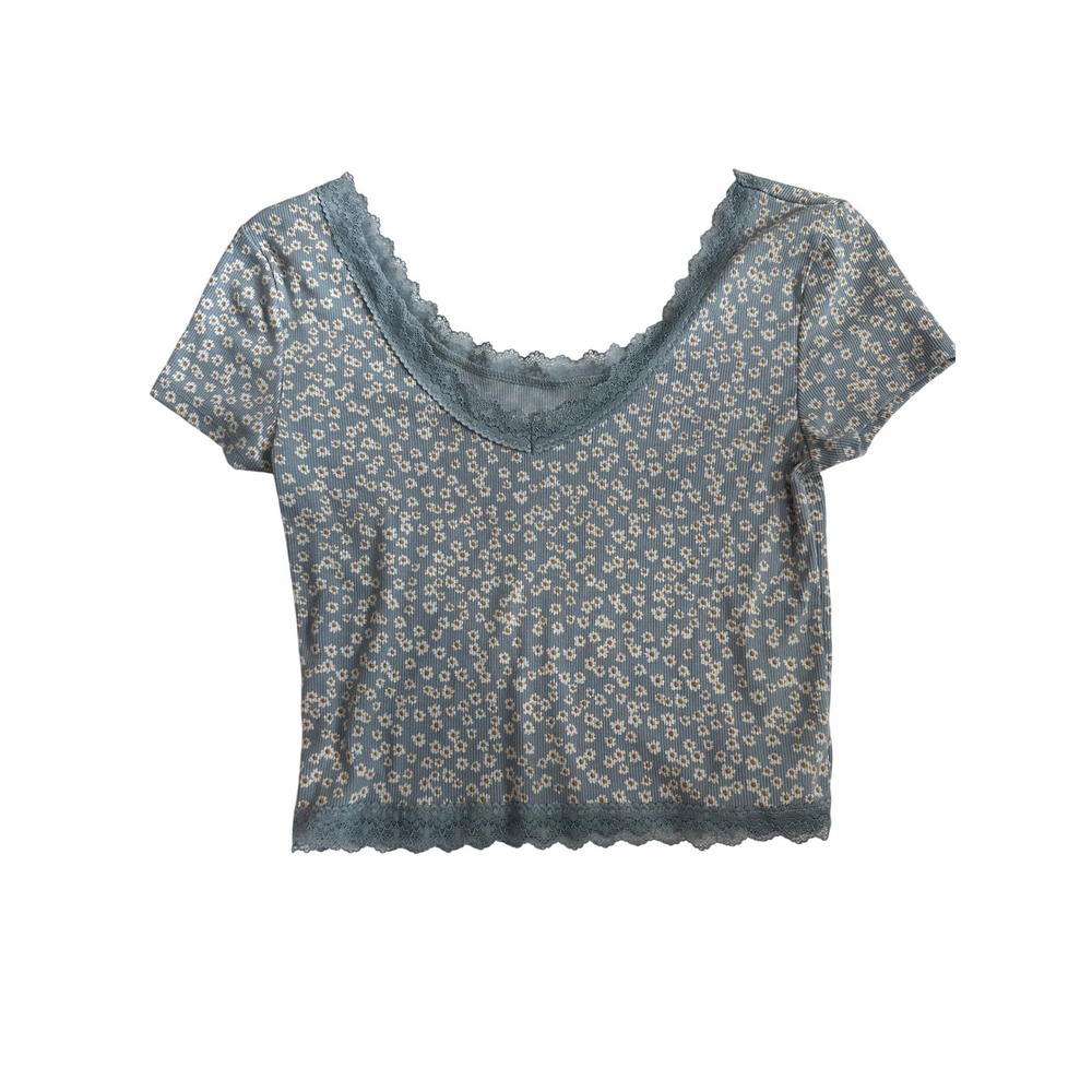 Aeropostale Womens Blue Floral Ribbed Lace Trim Crop Top Small Short Sleeve